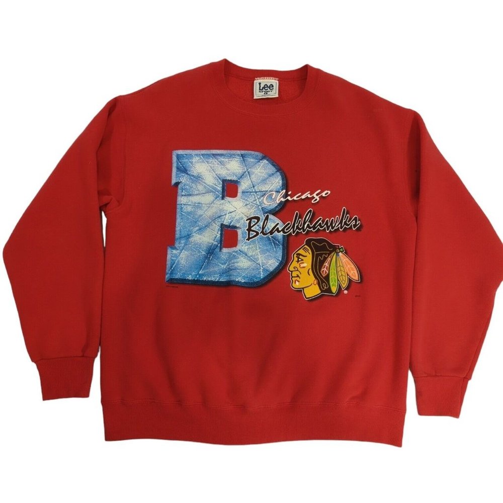 Vtg Lee Sport 90's Chicago Blackhawks Pullover Crewneck Sweater Nutmeg Men's L